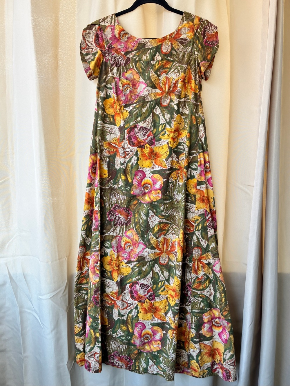 Vintage 90s Homemade Cotton Tulip Sleeve Maxi Dress Botanical Muumuu
